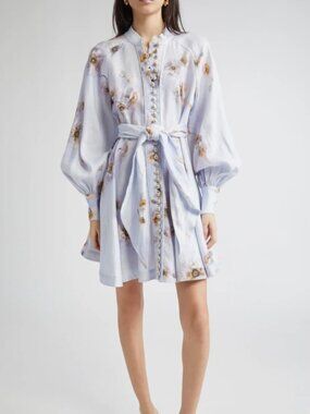 NWT Zimmermann Hypnotic Long Sleeve Belted Linen Minidress Lilac Poppy AU0/ US2
